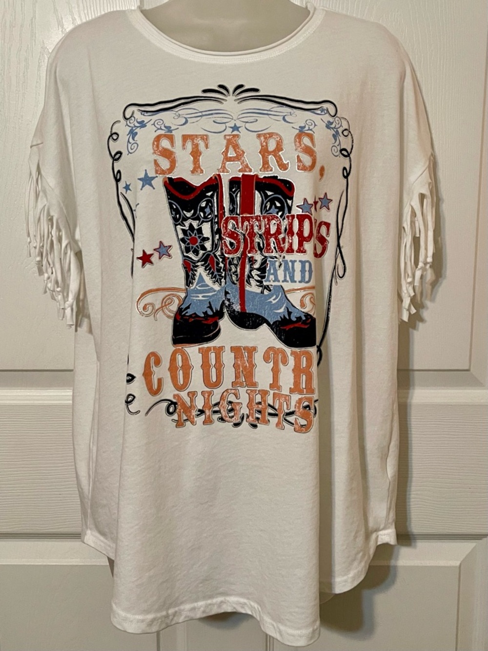 NWT JOEI & I White Stars Stripes & Country Nights' Graphic Fringe Sleeve Tee 1X